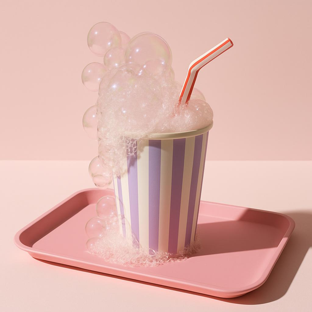 A purple and white striped cup is filled with a fizzy drink, as evidenced by the bubbles emerging from the top.